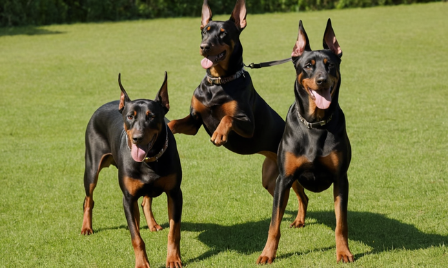 Dobermans en acción, jugando o celebrando