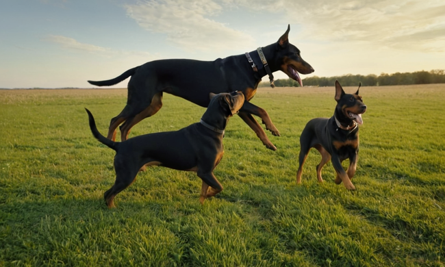 3 Dobermans jugando felices juntos en campo