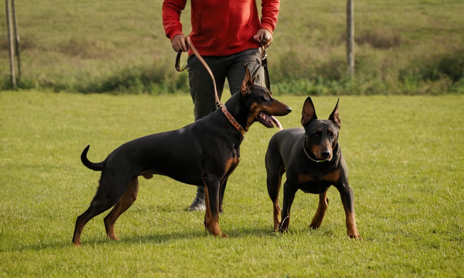 2 entrenadores y un doberman en acción jugando