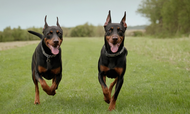 2 Dobermans en entrenamiento, sonriendo y corriendo juntos