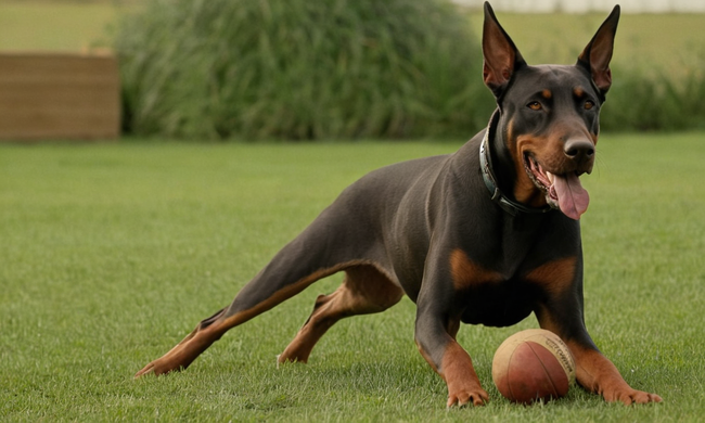 un Doberman trabajando o jugando, con expresión feliz
