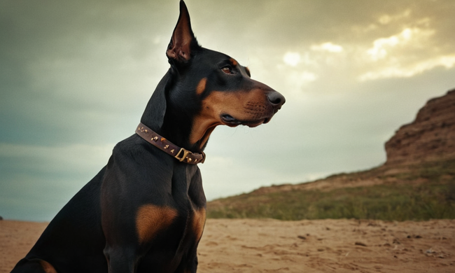 Un Doberman antiguamente, con un fondo histórico