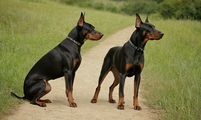 2 dobermans en acción, con una expression de confianza y obediencia
