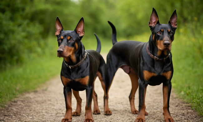 2 Dobermans juguetivos en una pose alegre y amistosa