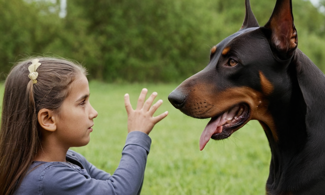 Un Doberman interactuando con una persona joven o anciana
