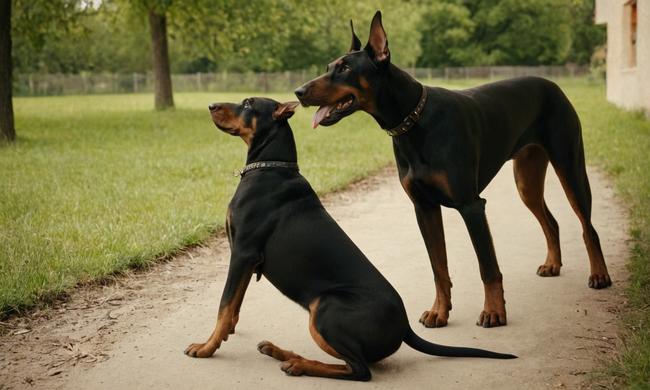 Un Doberman jugando o interactuando con niños y ancianos