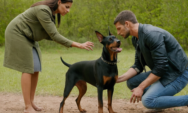 2 personas con Dobermans jugando o interactuando juntos