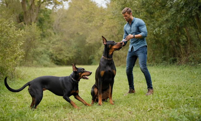 2 dobermans jugando con humanos o otros animales