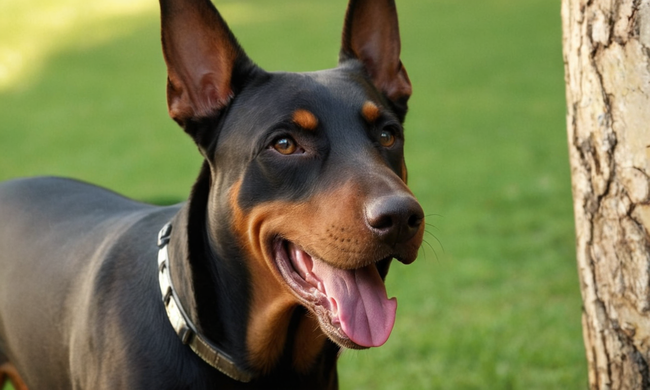 Dobermann sonriente y acogedor en un ambiente familiar