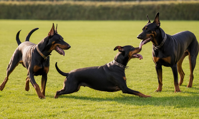 2 Dobermans jugando fuera, rodeados de objetos deportivos