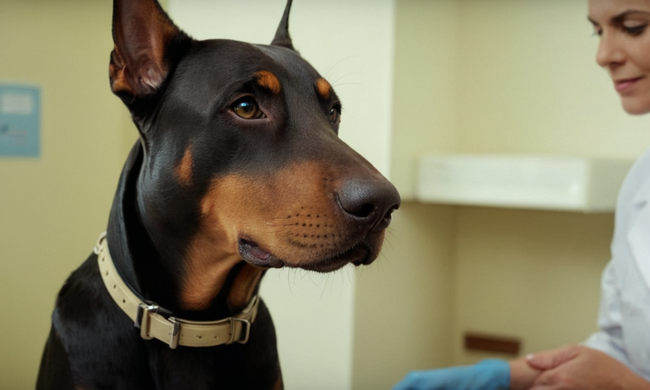 Un Doberman feliz en un consultorio veterinario