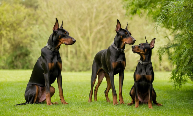 3-4 Dobermans jugando juntos en una zona verde