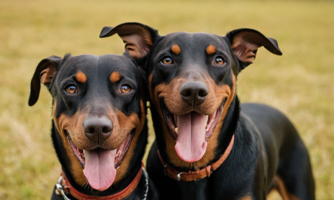2 personas sonrientes con Dobermans juguetones