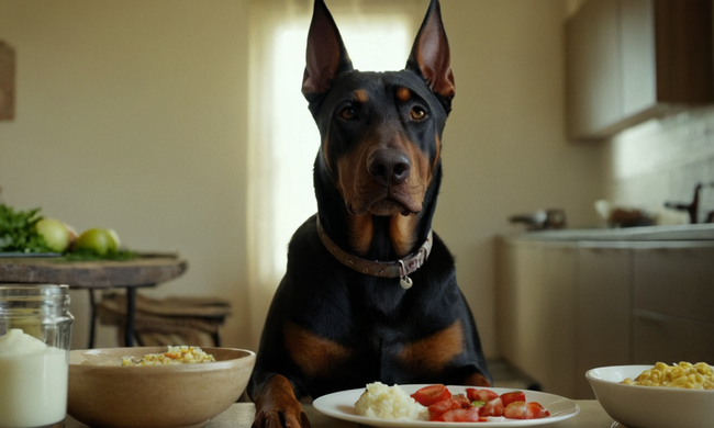 Un Doberman feliz comiendo saludablemente