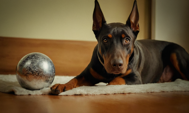 Un Doberman alegre con un calendario o una bolita de tiempo