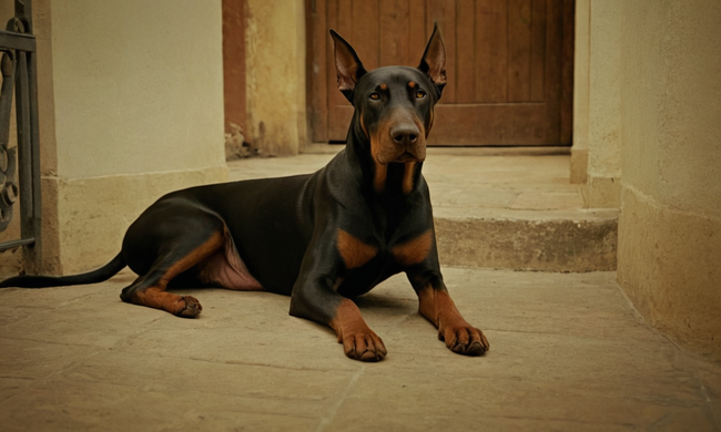 Un Doberman adulto en posición erguida, destacando su porte